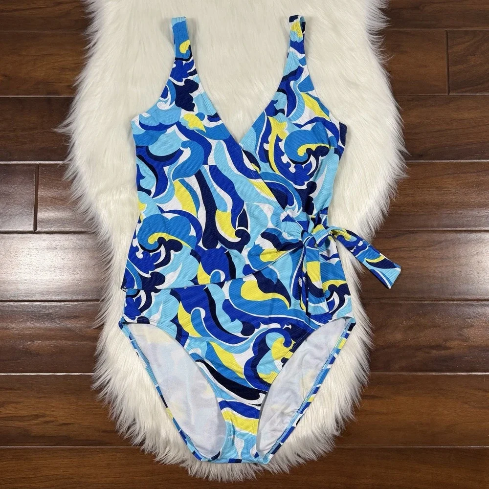 Tommy Bahama Size 16 Blue Pique Colada Wrap Tie Front One Piece Swimsuit